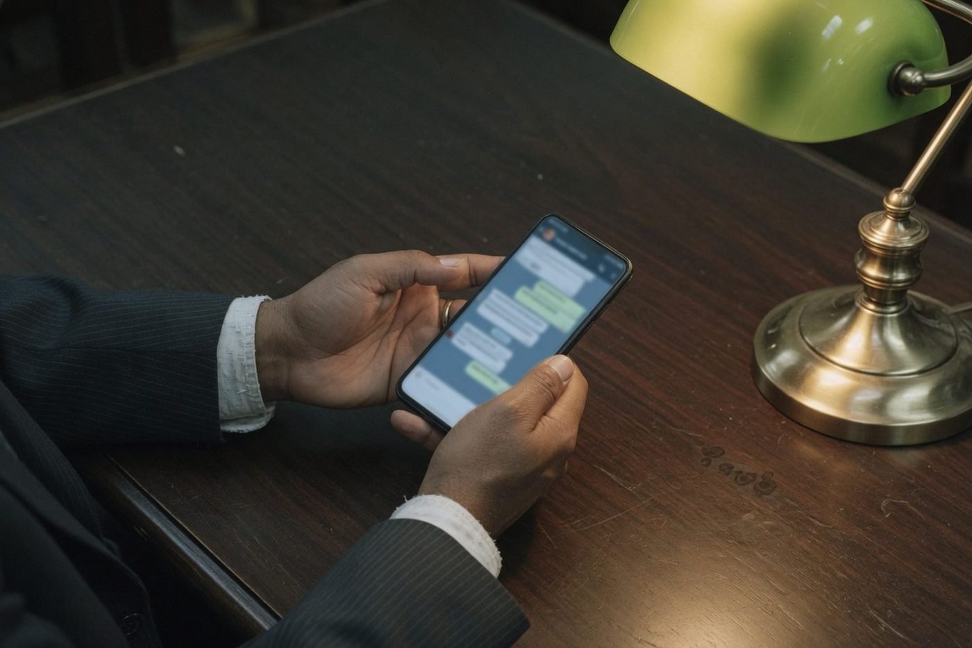 Atendimento direto por WhatsApp: mãos segurando o celular sobre a mesa do escritório
