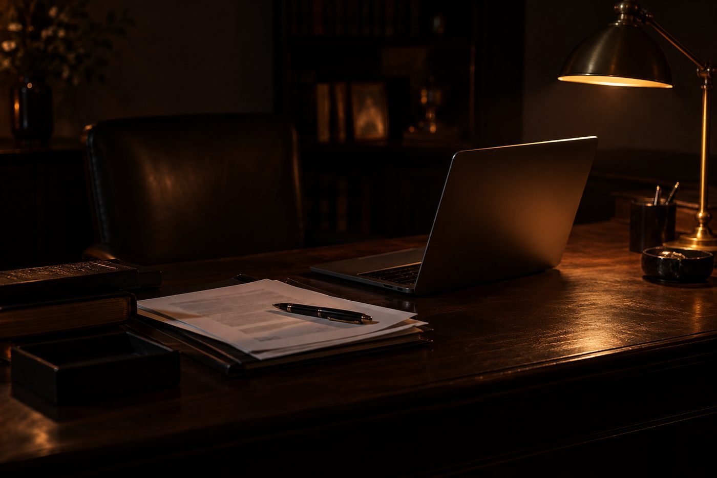 Atendimento online para todo o Brasil: notebook aberto e documentos digitais sobre a mesa do escritório